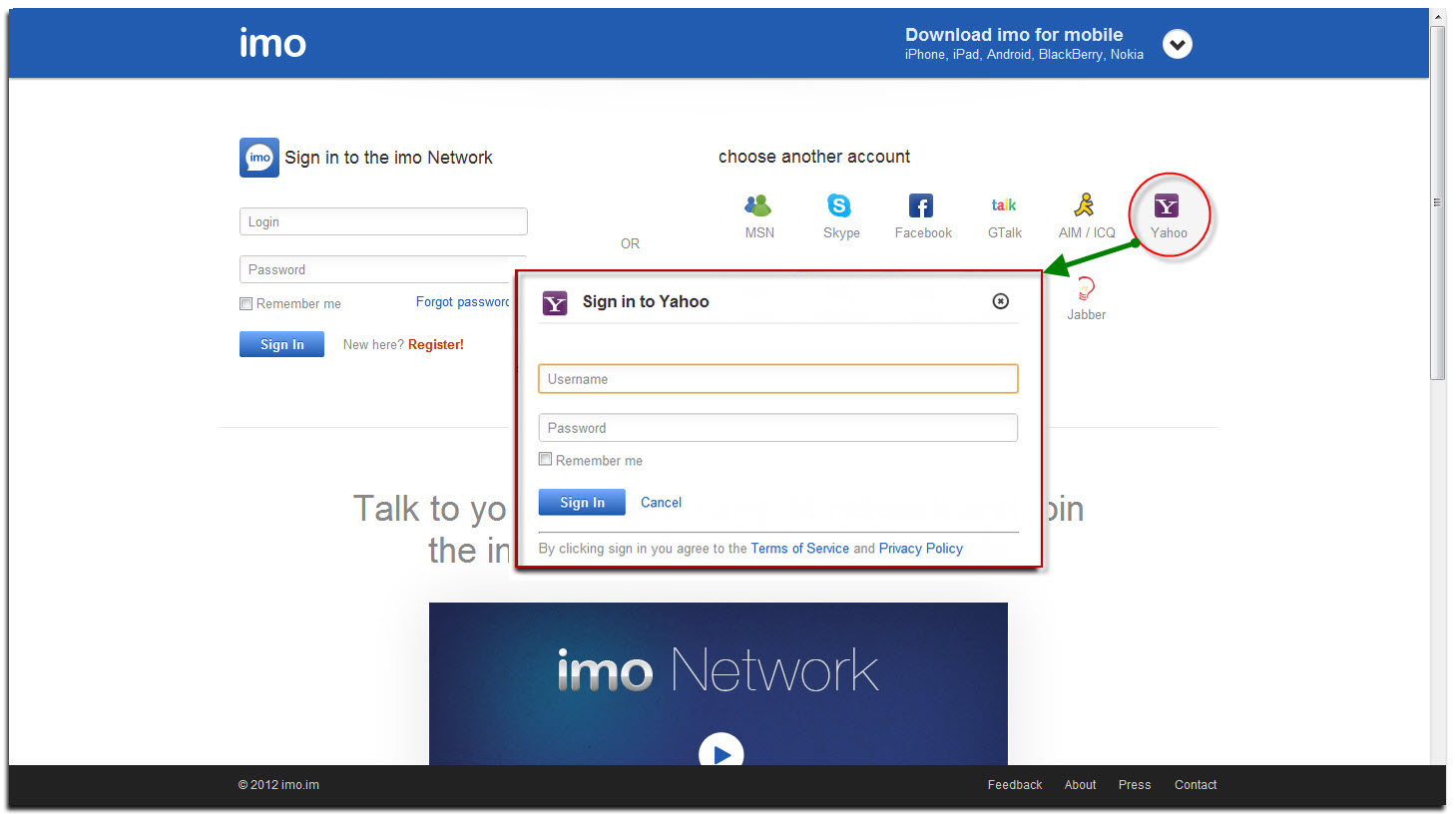 Fig 02: Sign in Imo using Yahoo account